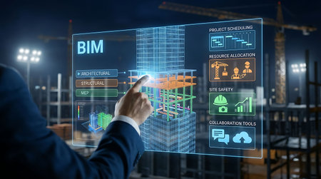 Businessman working on a virtual screen of the future and sees the inscription: BIMの素材