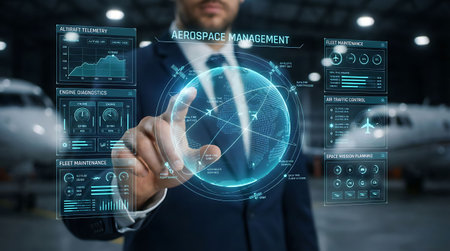 Businessman on blurred background using digital holographic interface 3D renderingの素材