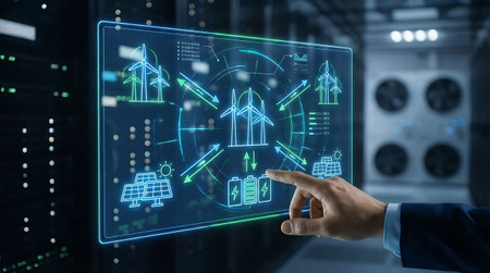 Close up of businessman hand touching icon of virtual panel with graphs and chartsの素材