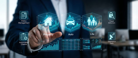 Insurance Reimbursement Protection Concept. Businessman on blurred background using smart home automation system 3D renderingの素材