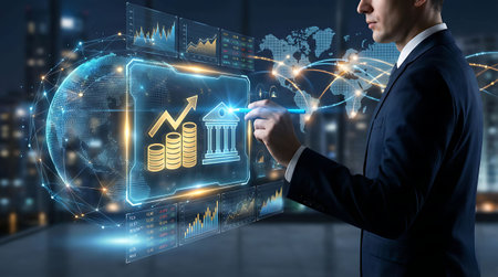 Businessman drawing digital business hologram on city background 3D renderingの素材