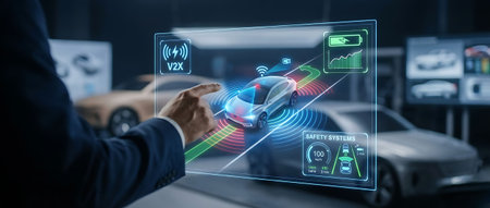 Businessman using virtual hologram screen with his hands and car in backgroundの素材