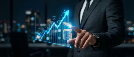 Businessman on blurred background using digital holographic chart 3D renderingの素材