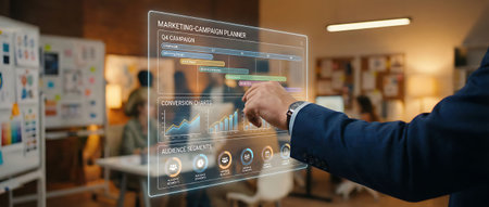 Businessman working with financial data on screen in office 3D renderingの素材