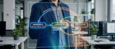 Businessman in office using digital holographic chart to analyze business strategyの素材