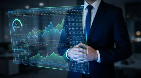 businessman with financial symbols coming from hand, stock market data conceptの素材