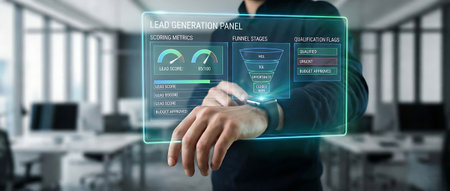 Businessman on blurred background using digital marketing interface with his hand 3D renderingの素材