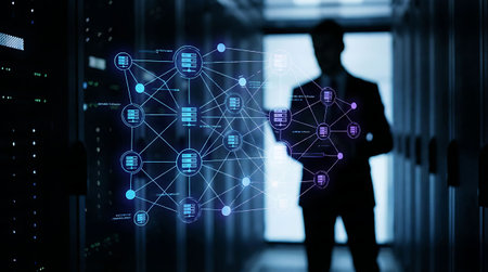 Businessman in server room using cloud computing interface. Cloud computing concept. Double exposureの素材