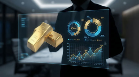 Businessman touching hologram screen with data analysis concept 3D renderingの素材