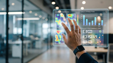 Close up of businessman using virtual panel with infographics. Mixed mediaの素材