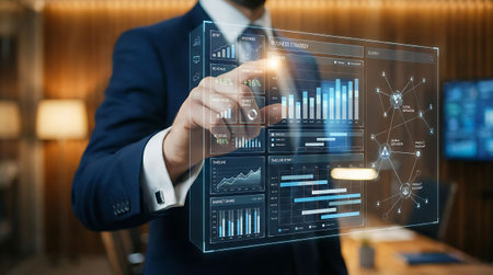 Businessman on blurred background using digital infographics interface 3D renderingの素材