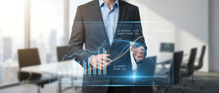 Businessman working on virtual screen with digital marketing interface in modern officeの素材