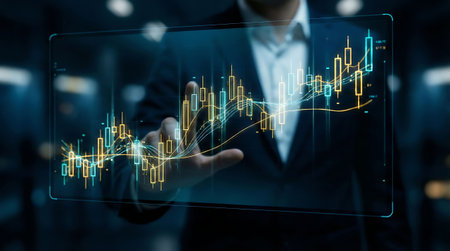 Businessman touching virtual panel with forex chart, stock market conceptの素材