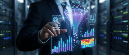 Businessman on blurred background using digital data analysis interface 3D renderingの素材