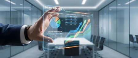 Businessman on blurred background using digital business chart interface 3D renderingの素材