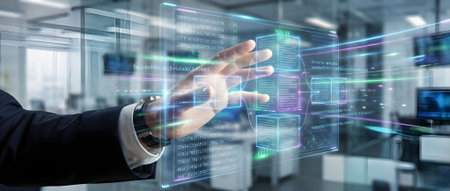 Businessman on blurred background using digital data interface with hologram 3D renderingの素材