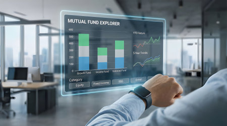 Businessman working with virtual panel of financial chart and graphs. Mixed mediaの素材