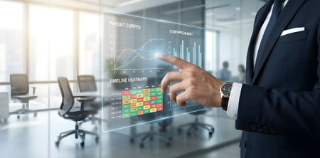 Businessman working with financial charts and graphs on virtual screen in officeの素材