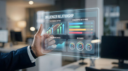 Businessman working on a virtual screen of the future and sees the graphの素材