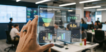 Businessman using smart phone with digital marketing diagram on screen in officeの素材