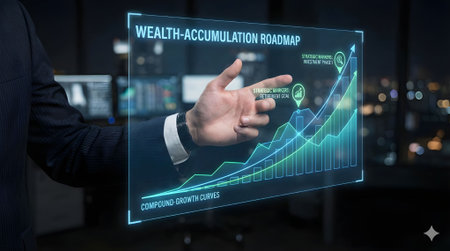 Businessman on blurred background using a virtual screen with financial growth chartの素材
