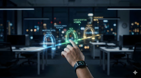 Close up of human hand touching with finger virtual screen with business iconsの素材