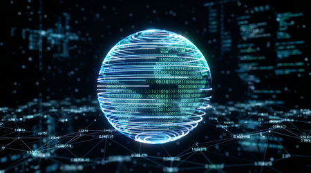 Glowing sphere with binary code on dark background. Big data concept. 3D Renderingの素材