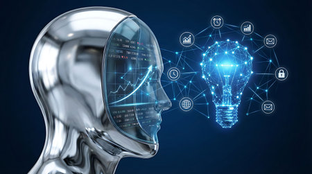 Robot head with glowing light bulb on blue background 3D renderingの素材