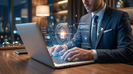 Cyber security theme with businessman working on laptop computer at night officeの素材