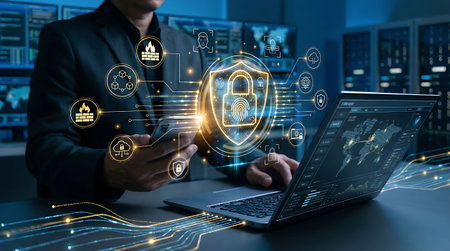 Cyber security and information protection business technology concept. Businessman using smart phone and laptop computer with padlock icon on server room background.の素材
