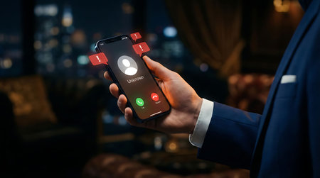 male hand holding smartphone with social media app on screen over blur restaurant backgroundの素材