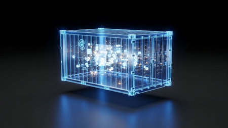 3D rendering of a blue cube with binary code inside on a black backgroundの素材