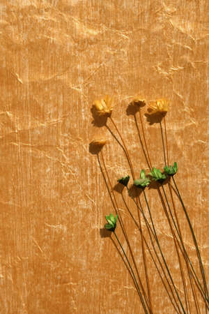 Golden color painted crinkled paper and dried flowers as backgroundの写真素材