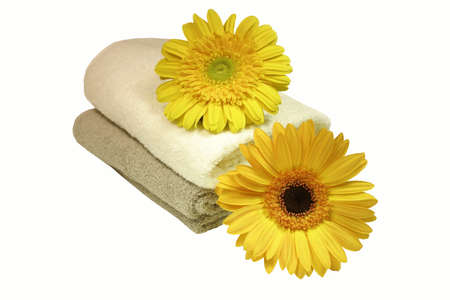 two gerbera and towels over whiteの写真素材