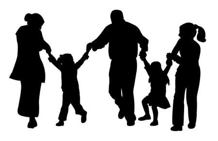 family with tree children having fun,playing, running, silhouette vector のイラスト素材
