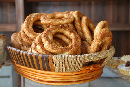 Turkish pastry simit in basketの写真素材