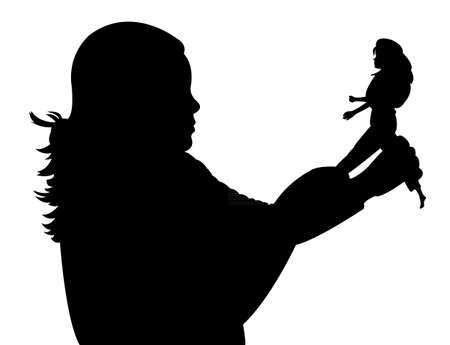 toddler child holding her toy baby silhouette vectorのイラスト素材