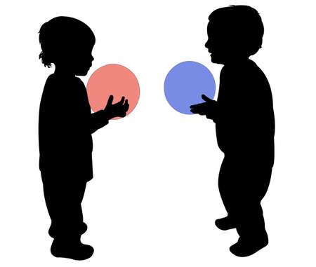 two children playing with ball, vector silhouetteのイラスト素材