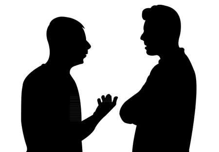 Black silhouettes of two men standing and talking to each otherのイラスト素材