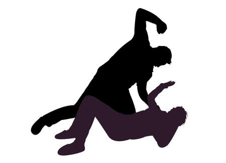 Young woman is covering her face while every violent husband wants to hit each with his hand - isolated on whiteのイラスト素材