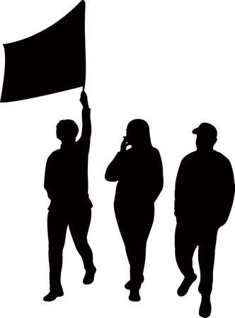 three people walking with flad, silhouette vectorのイラスト素材