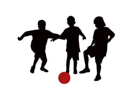 three boys playing football, silhouette vectorのイラスト素材