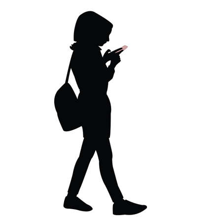 a woman with scarf, using phone and walking, silhouette vectorのイラスト素材