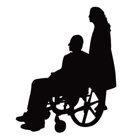 a woman and disabled man, silhouette vectorのイラスト素材