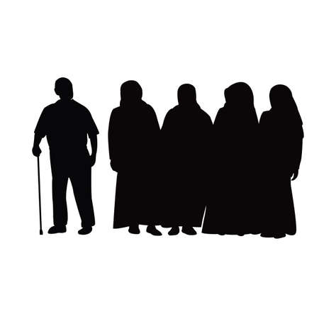 a man and four women in chador, silhouette vectorのイラスト素材