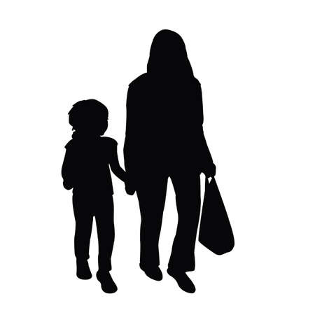 a woman and daughter walking, silhouette vectorのイラスト素材