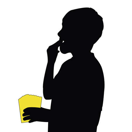 a boy eating popcorn, silhouette vectorのイラスト素材