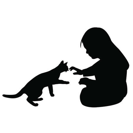 a girl playing with a cat, silhouette vectorのイラスト素材