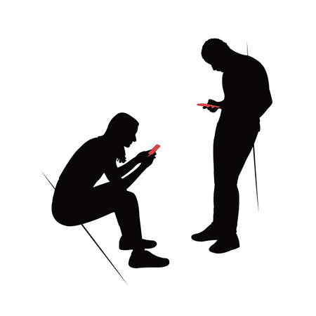 young people using smarth phone, silhouette vectorのイラスト素材