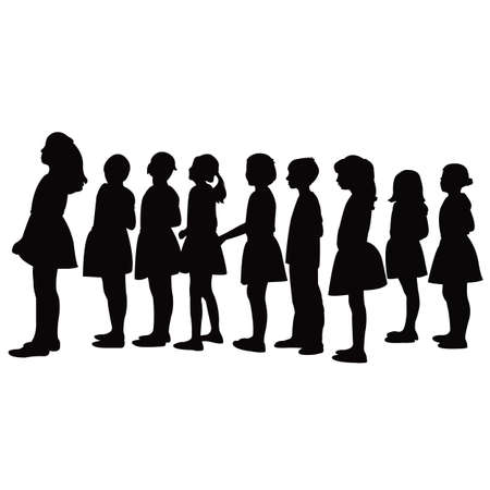 children waiting in line, silhouette vectorのイラスト素材